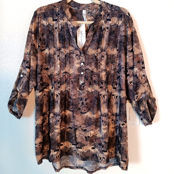 NY Collection Tops - NY Collection Blouse Size‎ 3X V-Neck 3/4 Roll Tab Sleeve Mandarin Collar Browns
